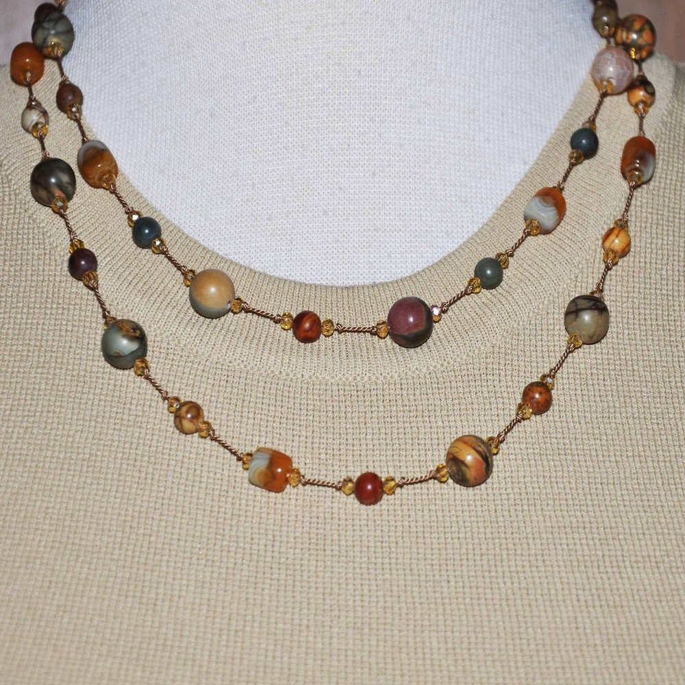Handmade Knotted Gold Burgundy & Green Birdseye Rhyolite Beaded Boho Neclace